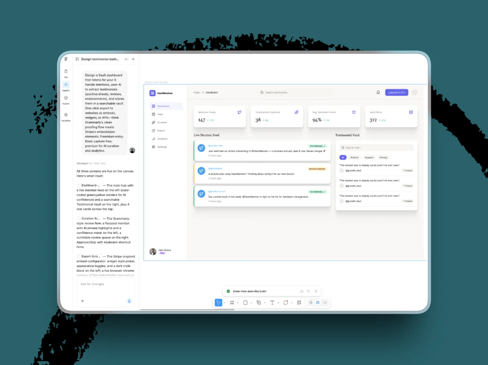 Benjamin used the agent to come up with a testimonial-mining SaaS dashboard, producing a structured early exploration ready for cleanup and iteration.