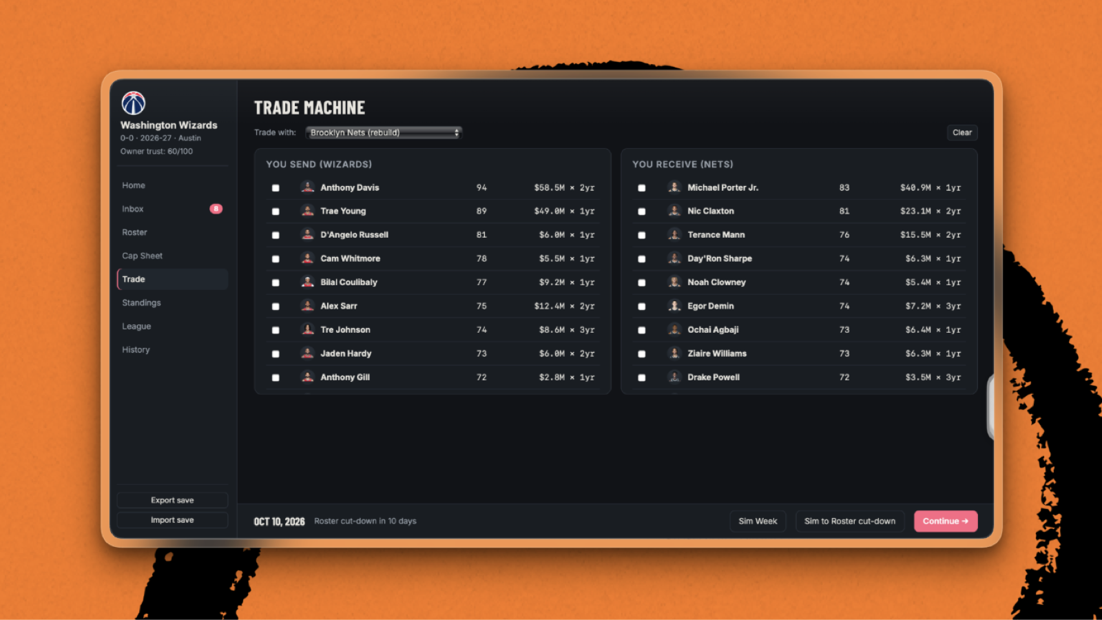 Austin’s one-shotted NBA front-office simulator. (Image courtesy of Austin Tedesco.)